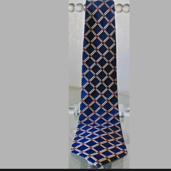 PAUL FREDRICK MENS TIE NAVY CREAM SILK VINTAGE - Picture 5 of 8
